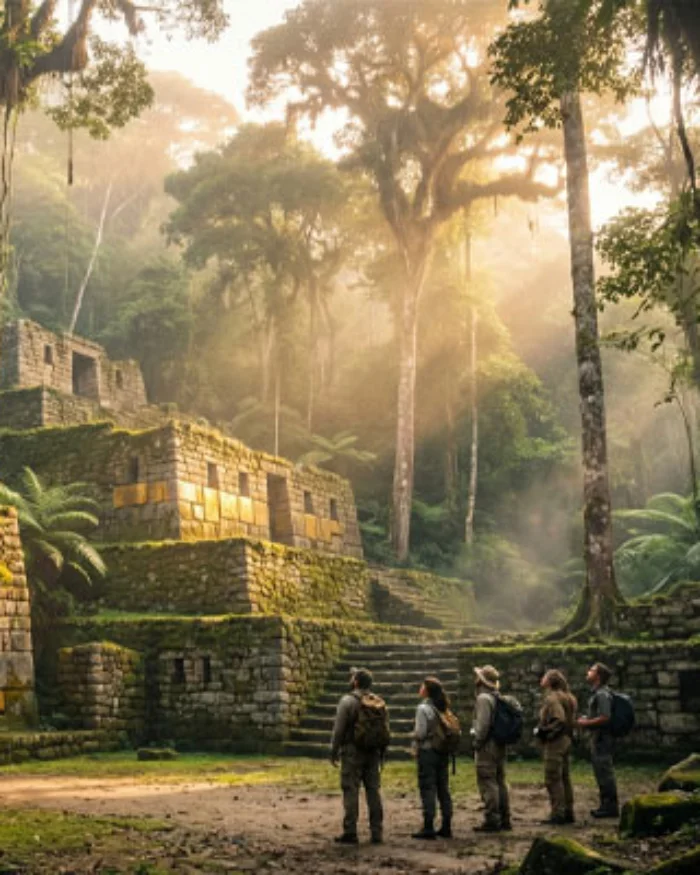 Ilustración de exploradores internándose en la selva peruana buscando la legendaria ciudad perdida