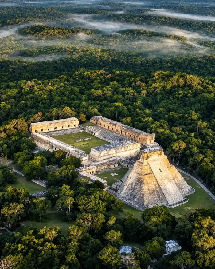 Vista aérea de la zona arqueológica de Uxmal rodeada por vegetación de Yucatán