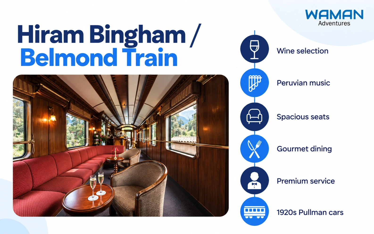 Luxury Hiram Bingham train carriage with premium seating on the railway route toward Machu Picchu Pueblo