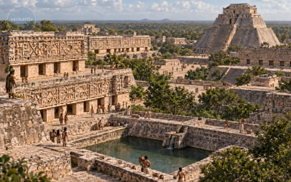 Ilustración histórica de la ciudad maya de Uxmal durante su periodo de desarrollo