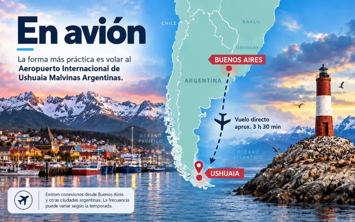 Mapa de la ruta aérea directa entre Buenos Aires y Ushuaia en Argentina