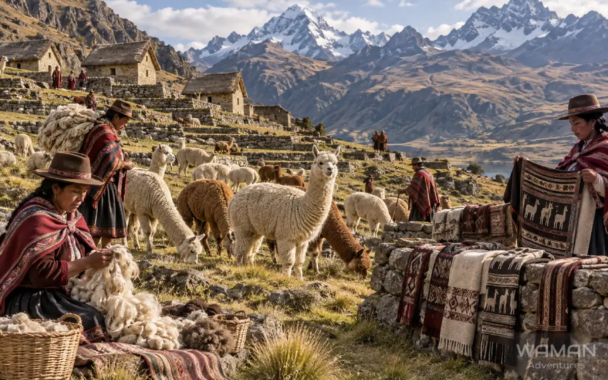 Representación de una comunidad andina criando alpacas y trabajando fibra durante el periodo inca
