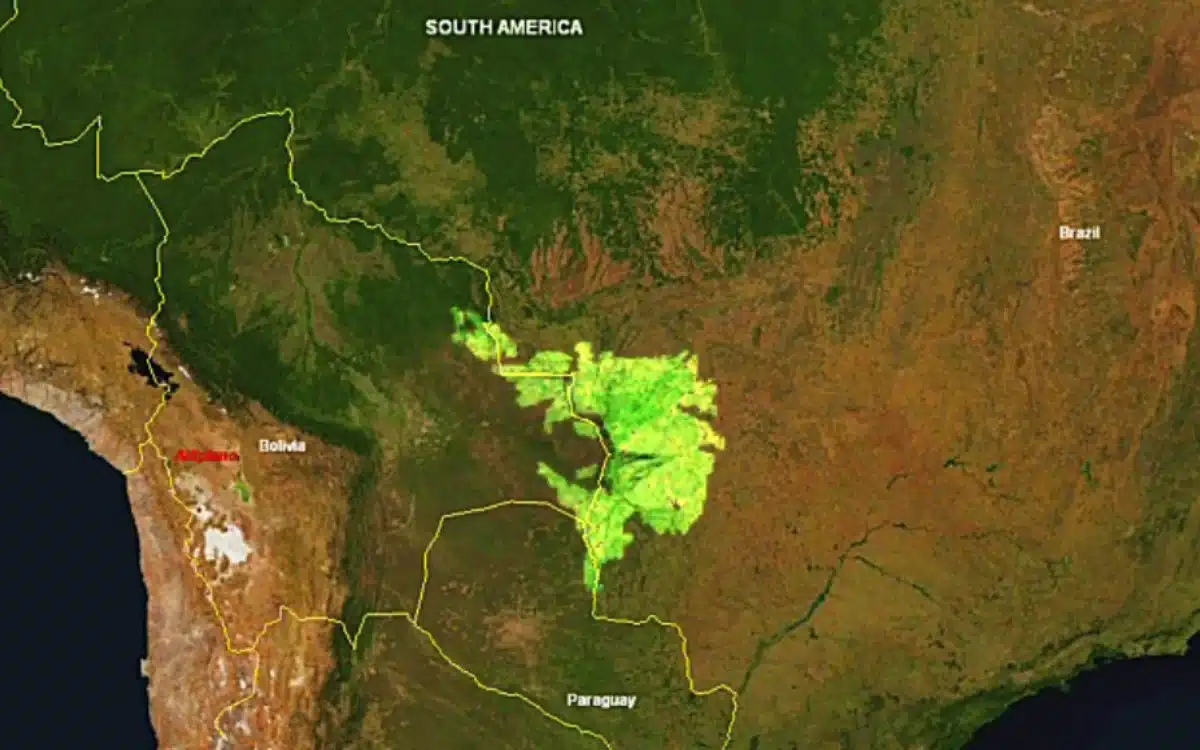 Mapa de Sudamérica mostrando la ubicación del Pantanal entre Brasil, Bolivia y Paraguay