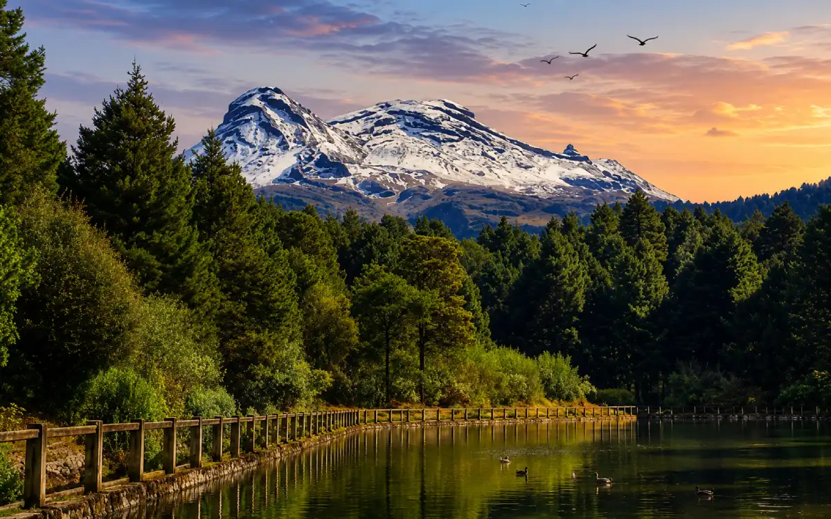 Laguna rodeada por bosque y paisaje montañoso dentro del Parque Nacional Iztaccíhuatl-Popocatépetl