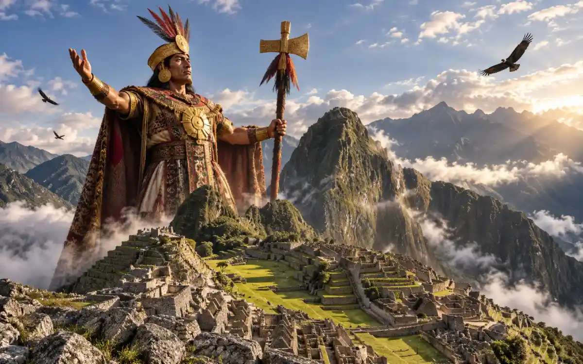 Representación de Pachacútec frente a la ciudad inca de Machu Picchu