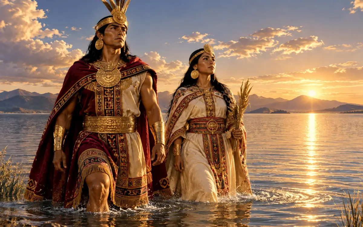 Representación de Manco Cápac y Mama Ocllo emergiendo del lago Titicaca