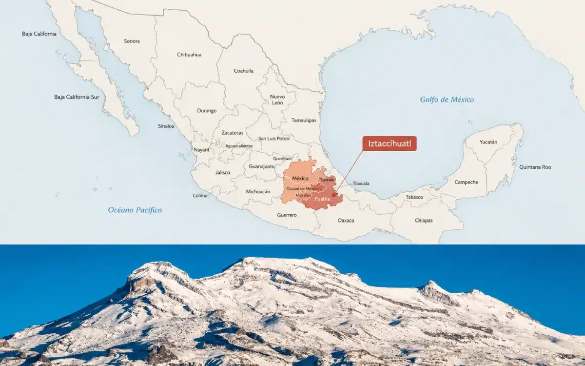 Mapa de México mostrando la ubicación del Iztaccíhuatl entre Estado de México y Puebla