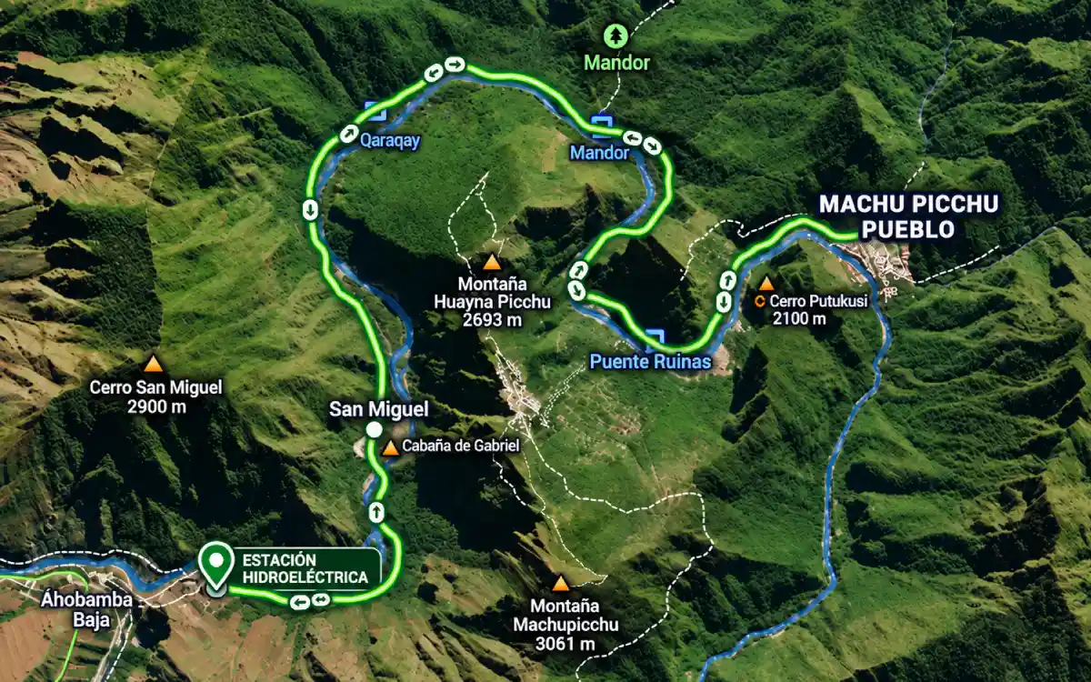 Mapa de la ruta Hidroeléctrica a Aguas Calientes siguiendo el valle hacia Machu Picchu Pueblo