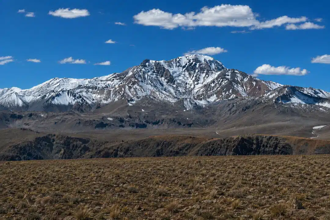 Nevado Bonete Chico with partially snow-covered peaks and an arid high-altitude landscape in the Argentine Andes.