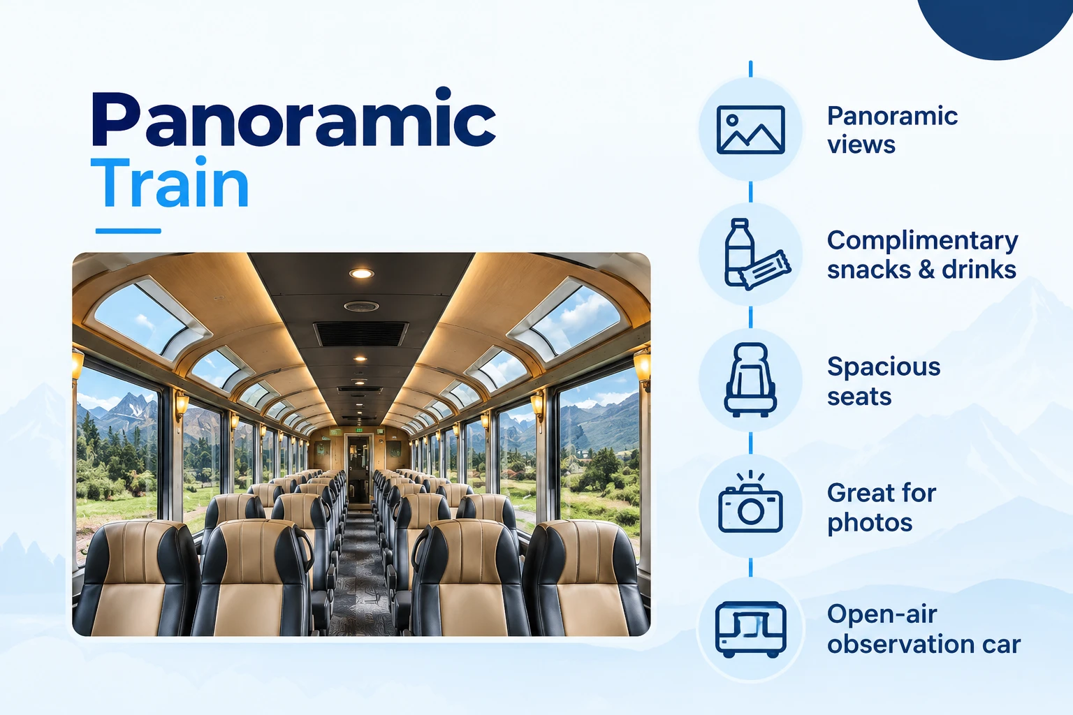 Panoramic windows inside The 360 train operated by Inca Rail through the Sacred Valley toward Machu Picchu