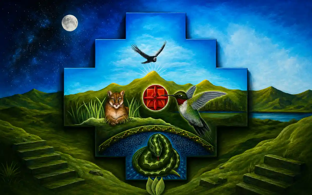 Ilustración de una chakana vinculada a la cosmovisión andina, con puma, cóndor, colibrí y serpiente