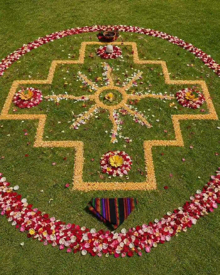 Chakana ceremonial formada con pétalos, granos y diferentes elementos utilizados como ofrenda andina