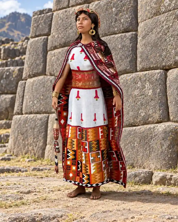 Representación de una aclla con vestimenta de inspiración inca frente a muros de piedra