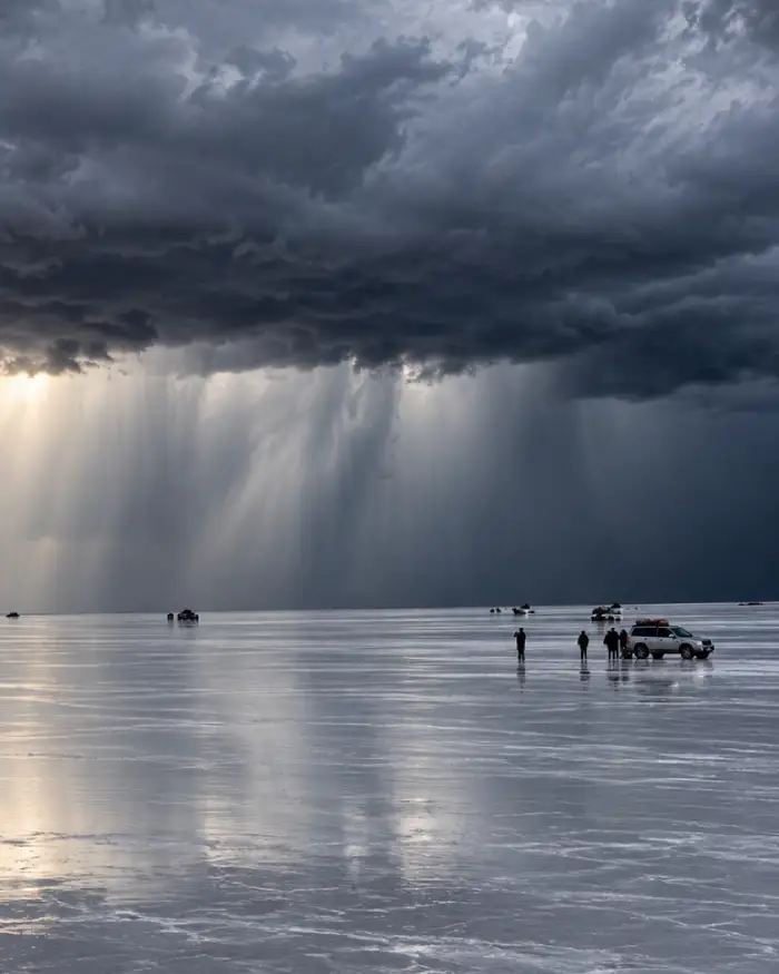 Tormenta sobre el Salar de Uyuni con cortinas de lluvia, reflejos en la sal y turistas