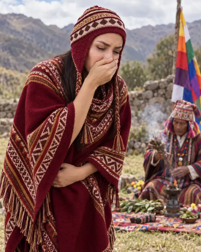 Participante mostrando náuseas y malestar durante una representación de ceremonia de Wachuma