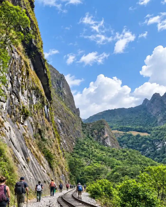 Viajeros caminando junto a la vía férrea entre Hidroeléctrica y Aguas Calientes