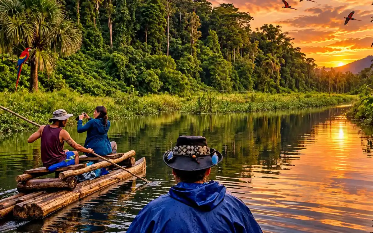 Viajeros navegando por un río del Parque Nacional del Manu entre bosques amazónicos