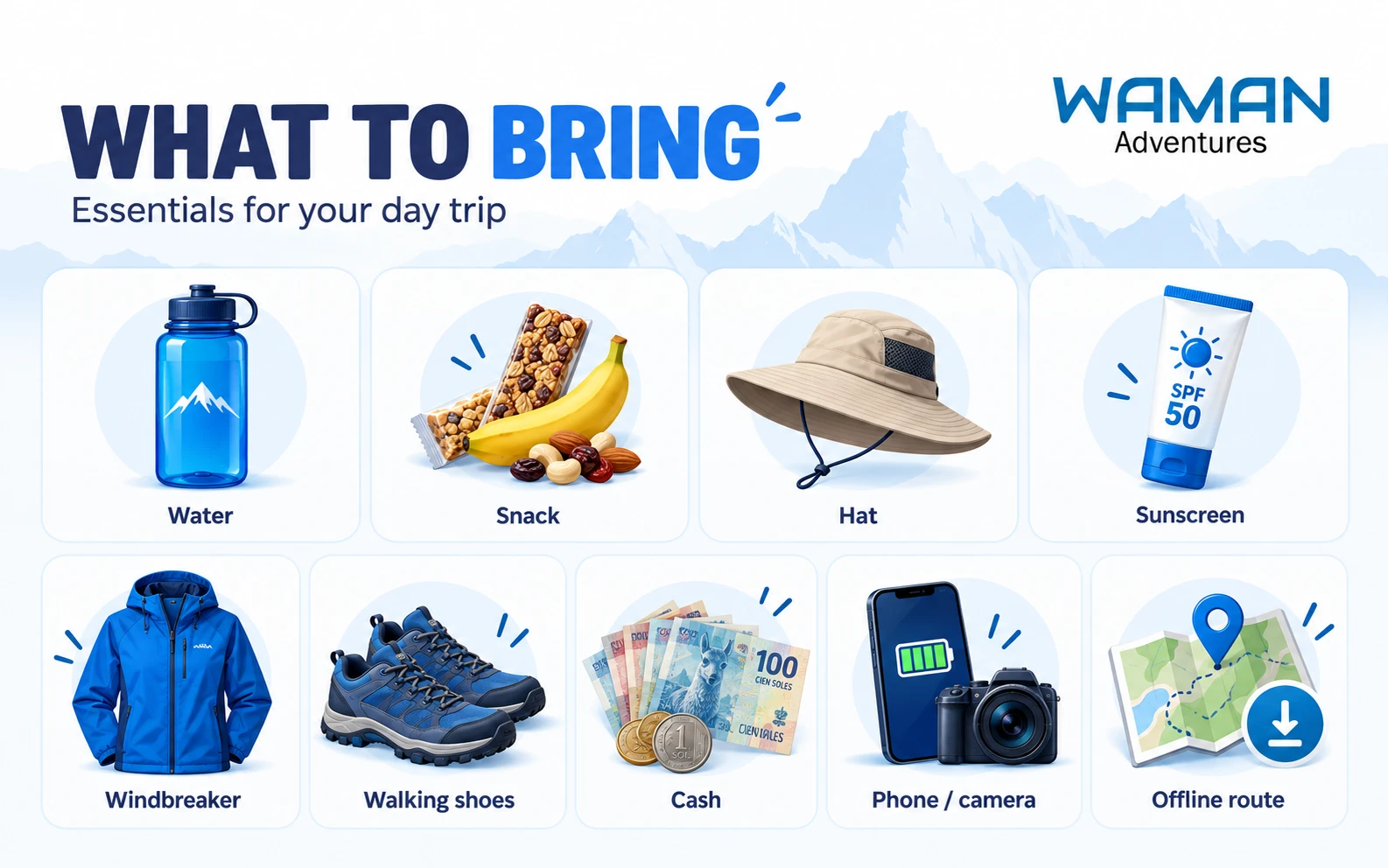 Infographic showing day-trip essentials for Peru, including water, snacks, hat, sunscreen, walking shoes, cash, phone, camera and an offline route. The infographic highlights practical day-trip essentials, including hydration, sun protection, a windbreaker, comfortable walking shoes, cash and a downloaded route for offline use.
