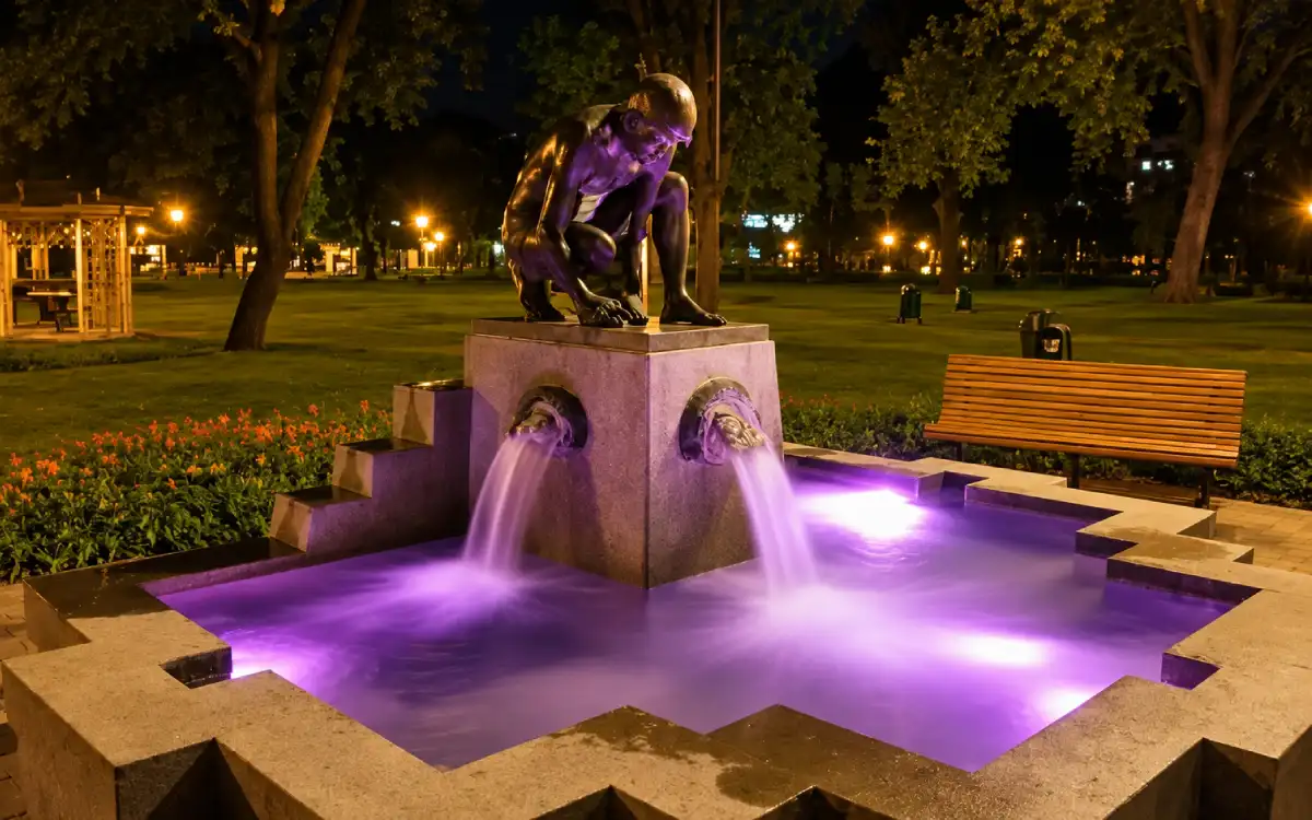Fuente de los Ñocos iluminada dentro del Parque de la Reserva de Lima