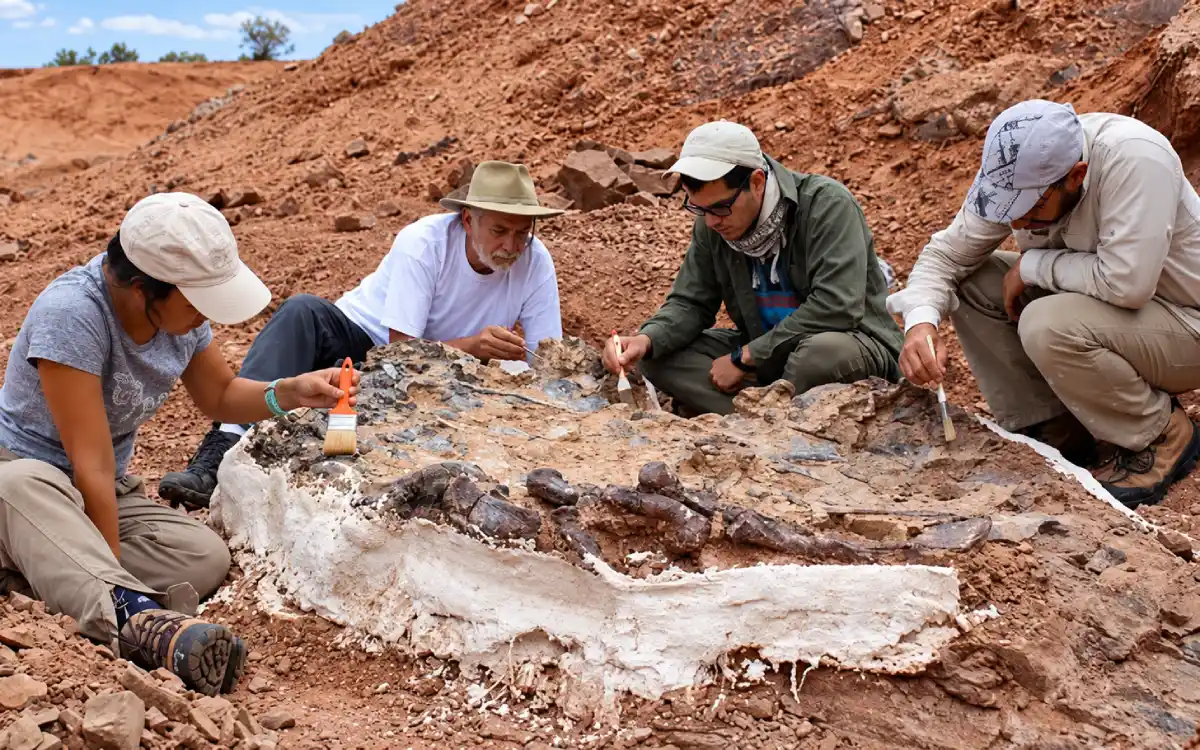 Equipo de paleontólogos limpia con pinceles restos fósiles del Triásico