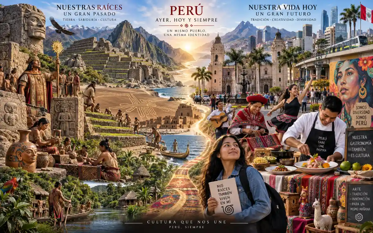 Ilustración comparativa de la cultura peruana antigua y actual