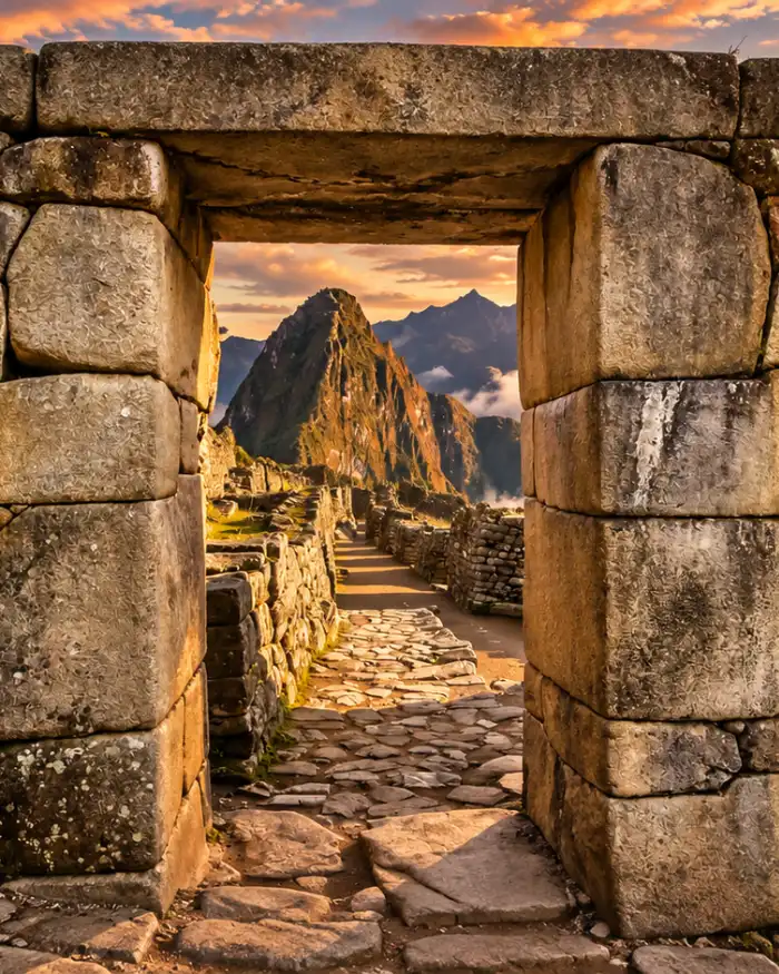 Portal de piedra inca en Machu Picchu como ejemplo de arquitectura del antiguo Perú