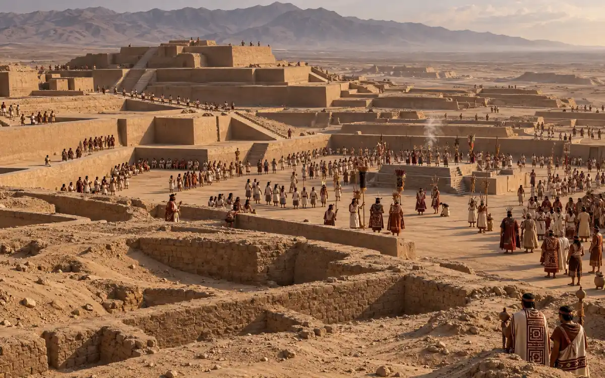 Recreación histórica del centro ceremonial de Cahuachi durante el desarrollo de la cultura Nazca