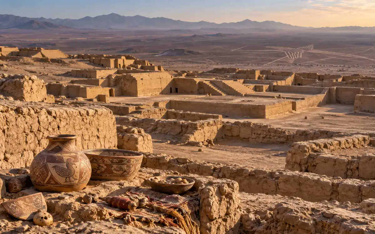 Recreación artística de Cahuachi como centro ceremonial de la antigua cultura Nazca