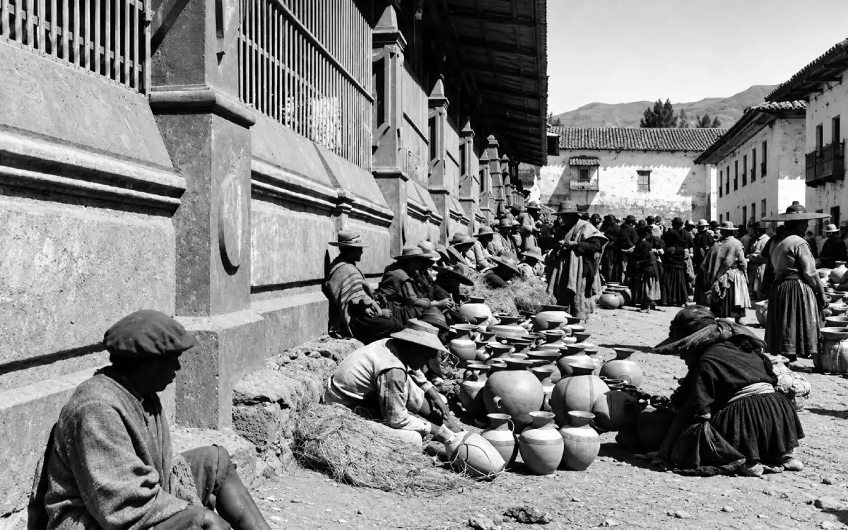 Fotografía histórica en blanco y negro del Mercado de San Pedro en Cusco
