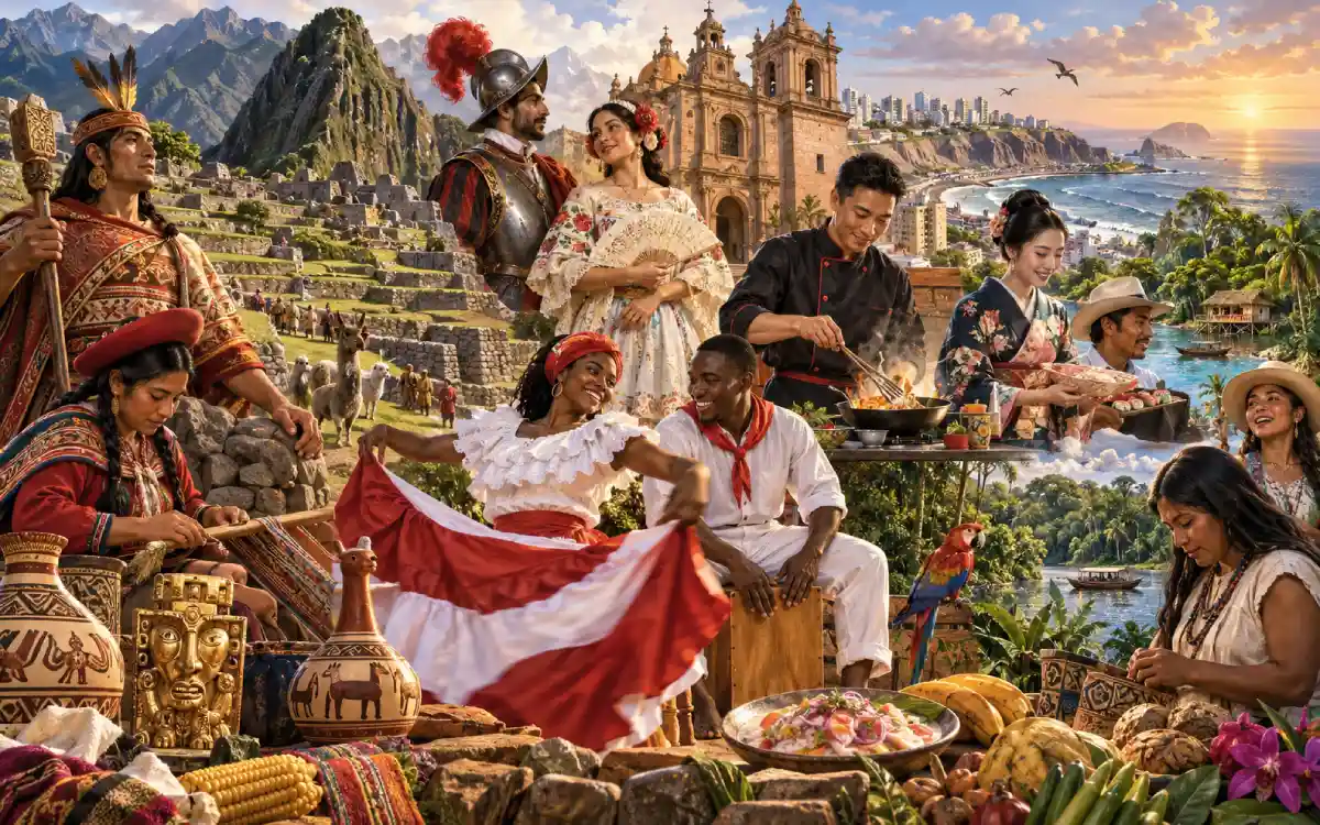 Representación de la formación de la cultura peruana con raíces indígenas y diferentes influencias históricas
